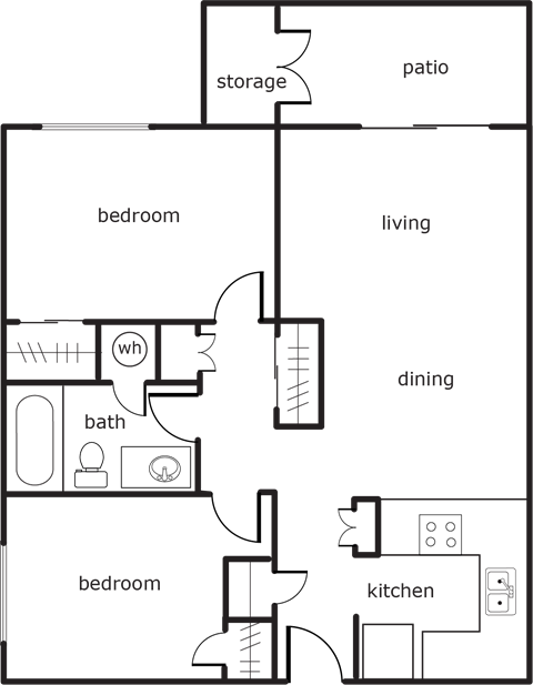 A floor plan of a house with a living room, two bedrooms, a kitchen, a bathroom, a storage area, and a patio.
